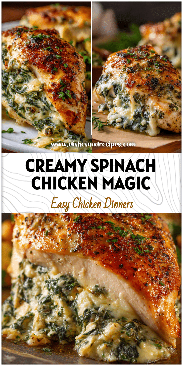 Golden oven baked spinach artichoke stuffed chicken breast served as a healthy low carb dinner with vegetables.